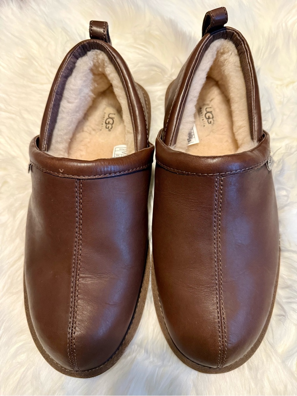 UGG Men's Brown Leather Shearling-Lined Slip-On Shoe Slipper Size 12